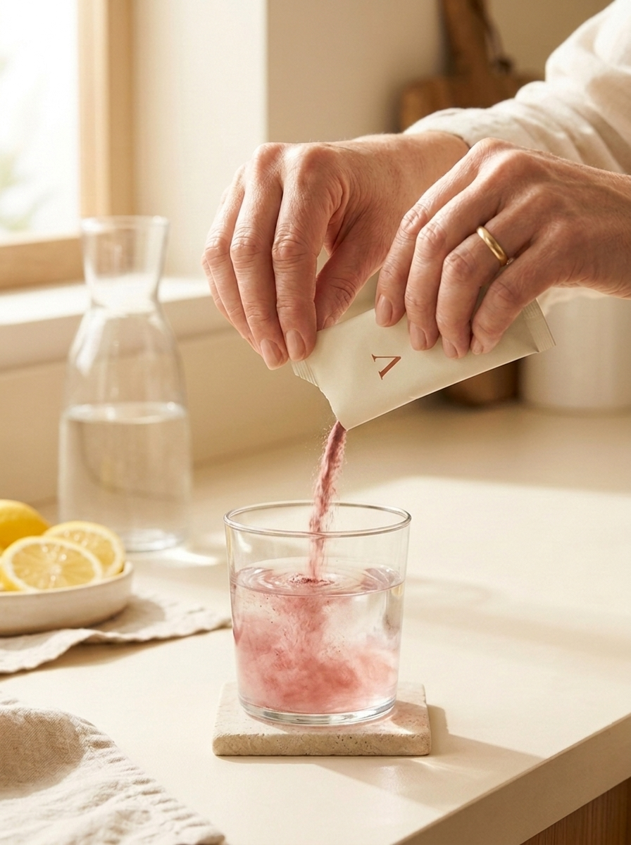A Vyttl sachet being poured into a glass of water
