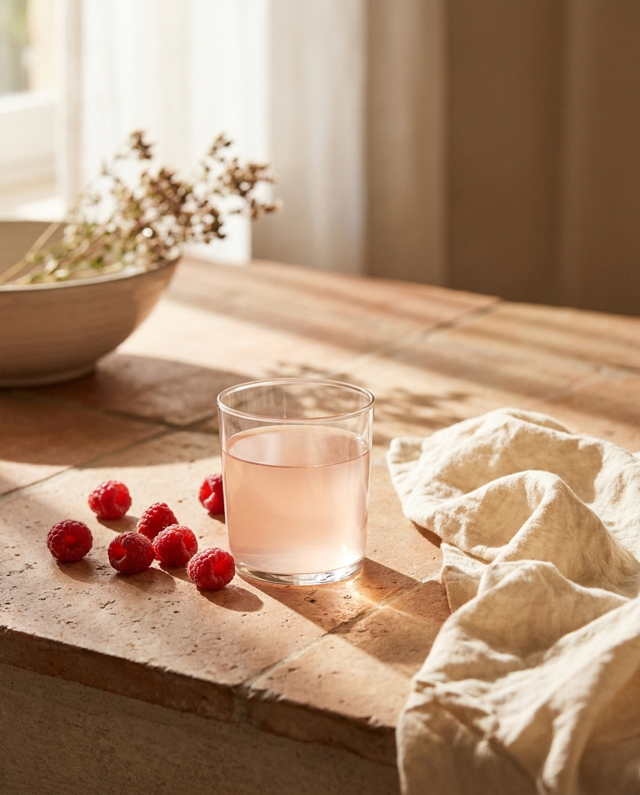 Vyttl tin and glass of berry drink, styled on ivory linen